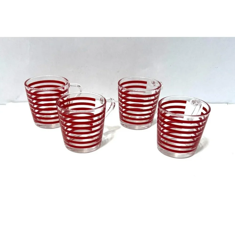 Set Of 4 Vintage Ikea Godta Glass Espresso Mugs Red Striped Pattern France